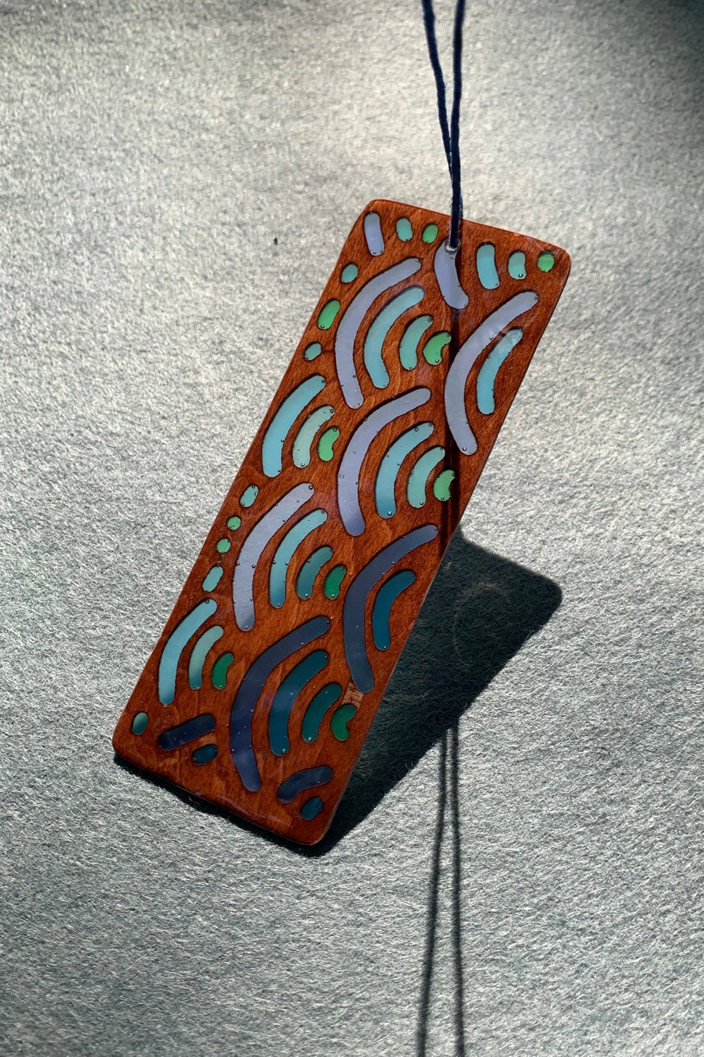 Hand-carved basswood bookmark with Japanese blue wave UV resin design