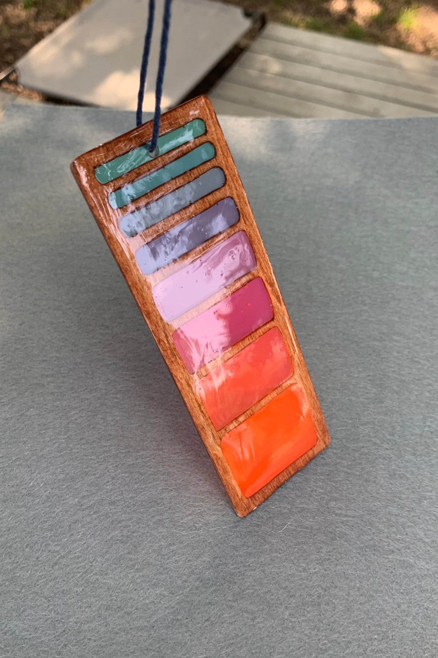 Hand cut wooden bookmark with retro line gradient colors and UV resin translucent colors