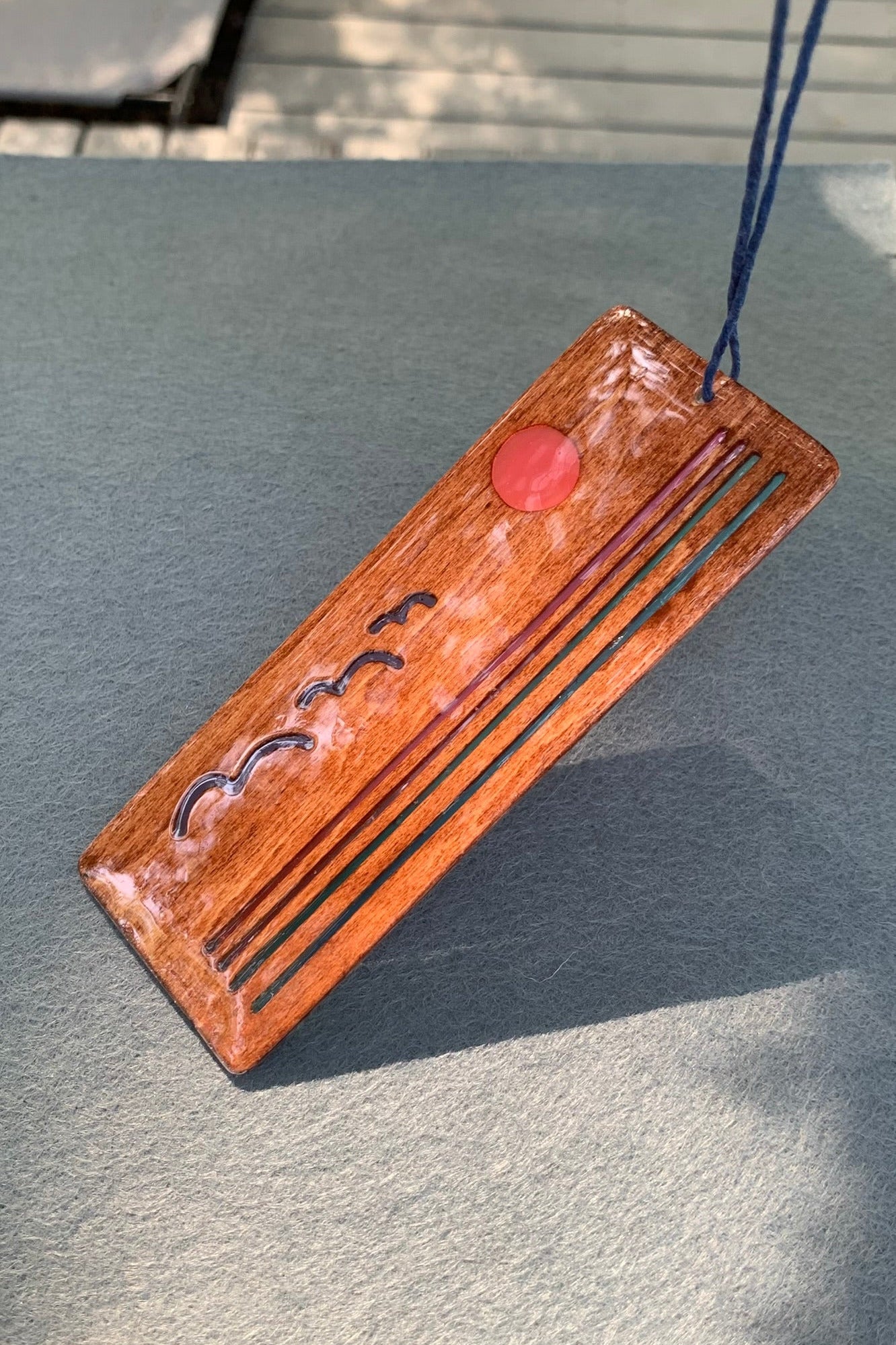 Hand cut wooden bookmark with retro ocean sunset with birds and water with UV resin translucent color