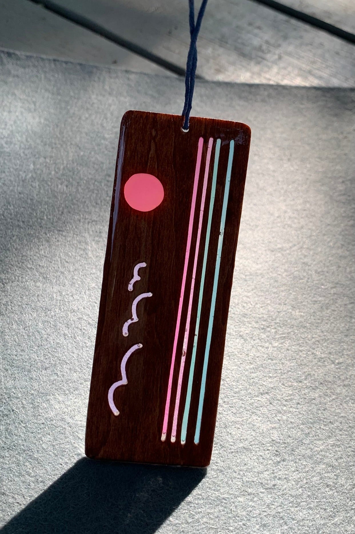 Hand cut wooden bookmark with retro ocean sunset with birds and water with UV resin color