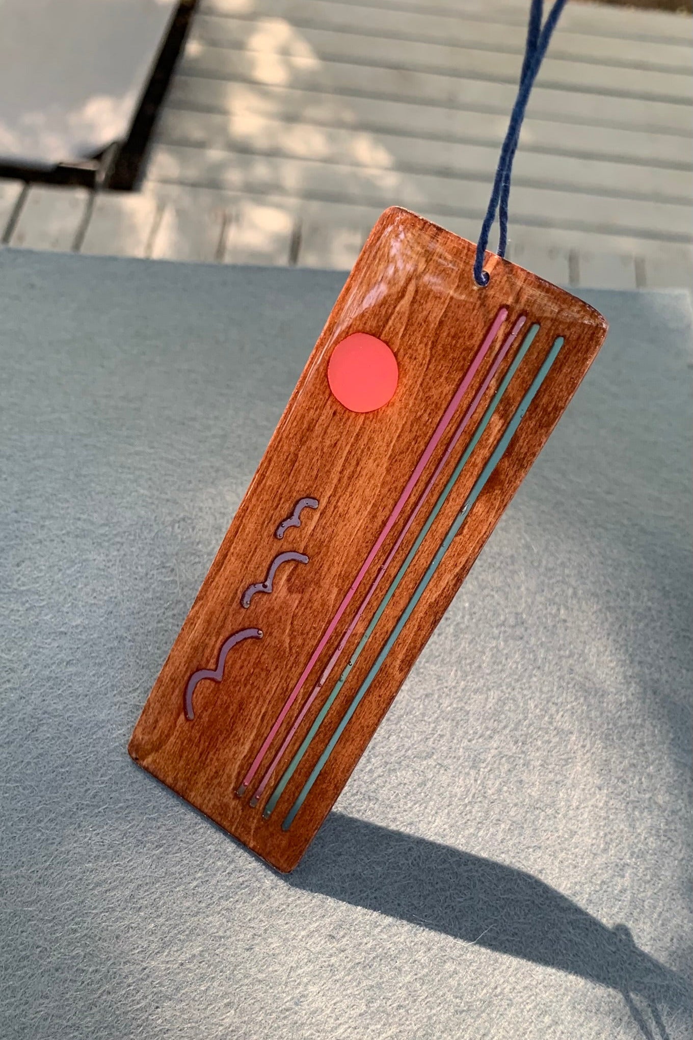 Hand cut wooden bookmark with retro ocean sunset with birds and water with UV resin translucent color