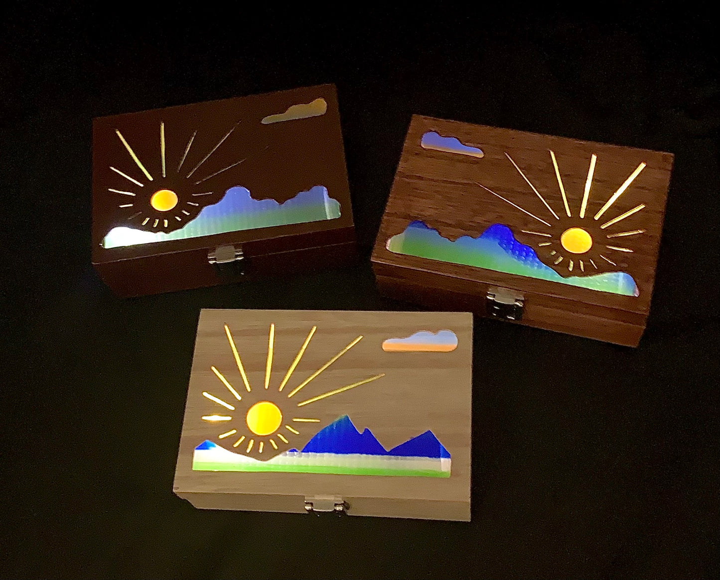 Mountain Sunrise Glow Light Wooden Box - Natural Basswood