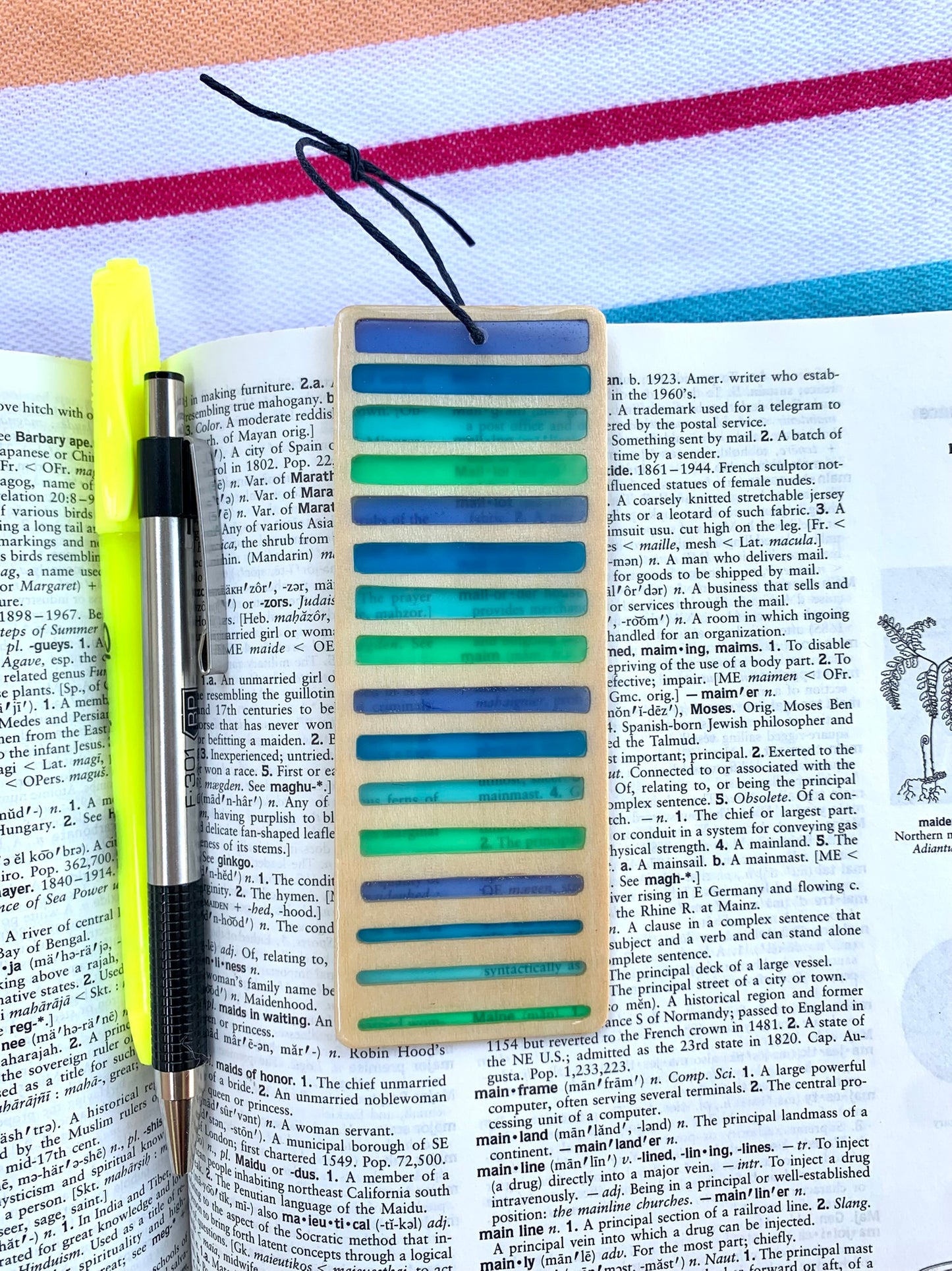 Gradient Lines Wood & Resin Bookmark - Blue Green