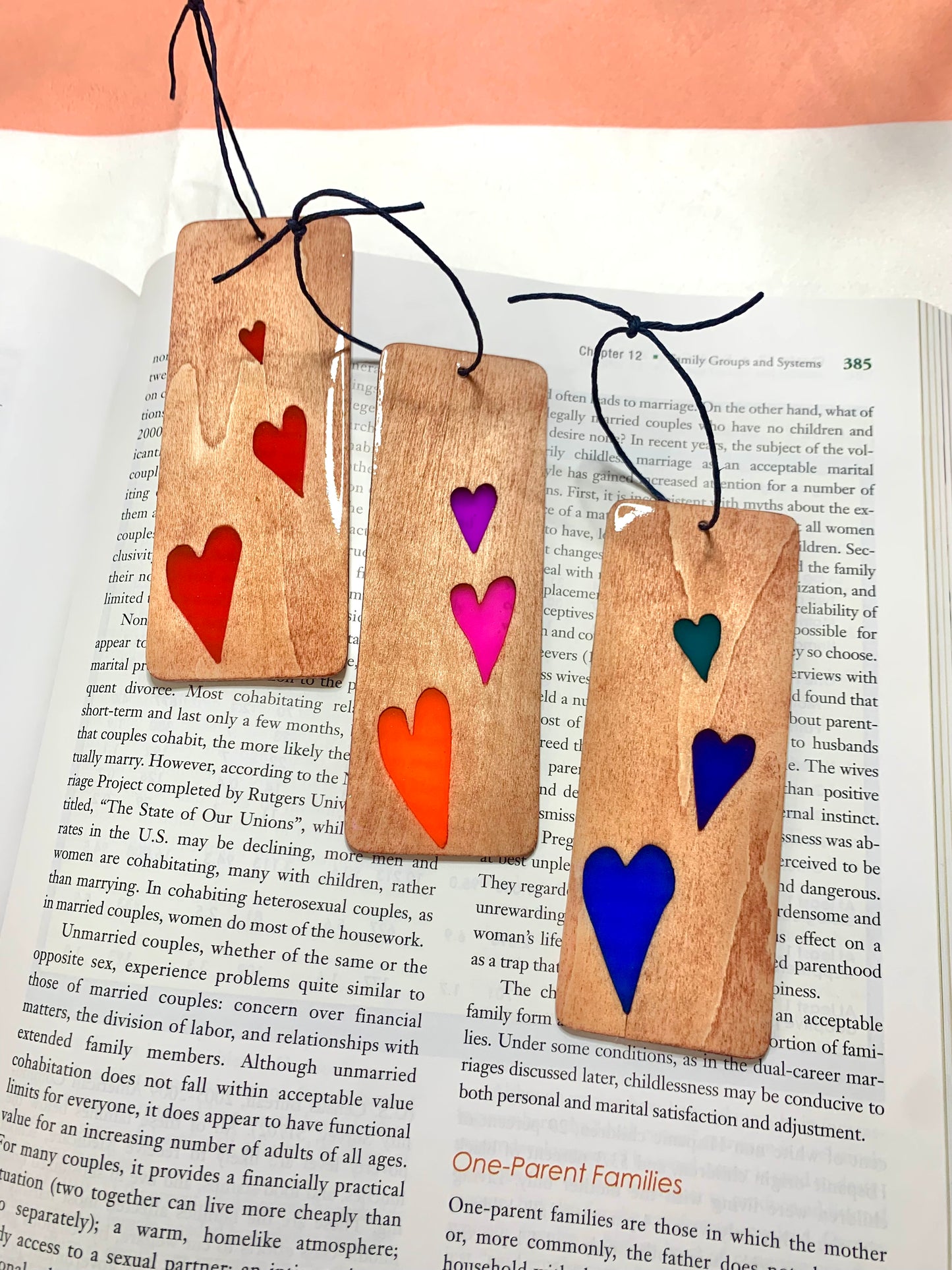 Hearts Wood & Resin Bookmark - Teak Red