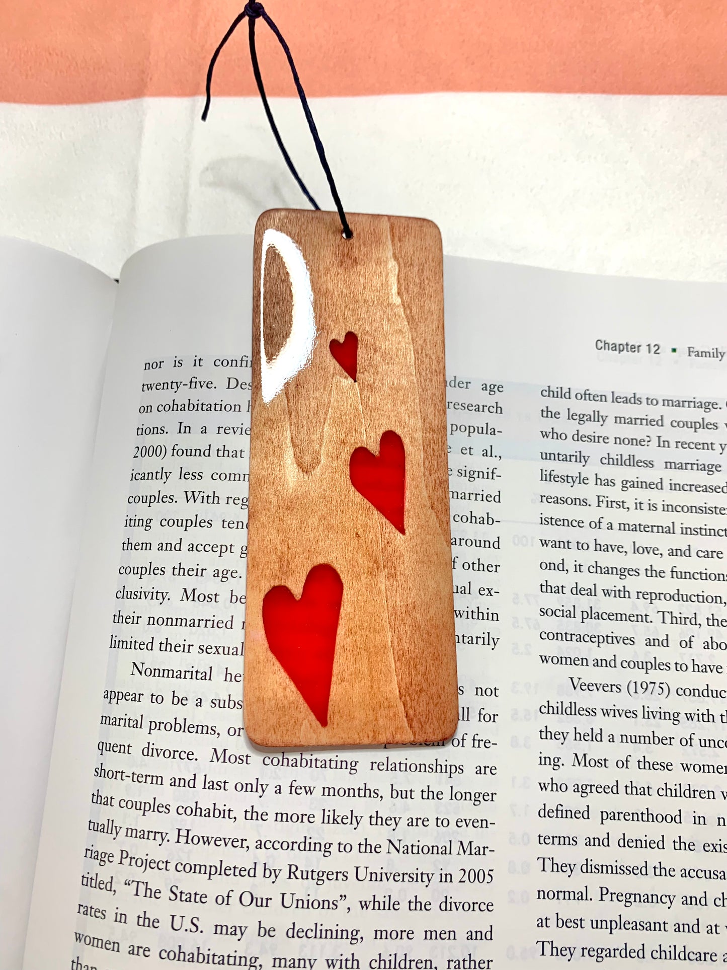 Hearts Wood & Resin Bookmark - Teak Red