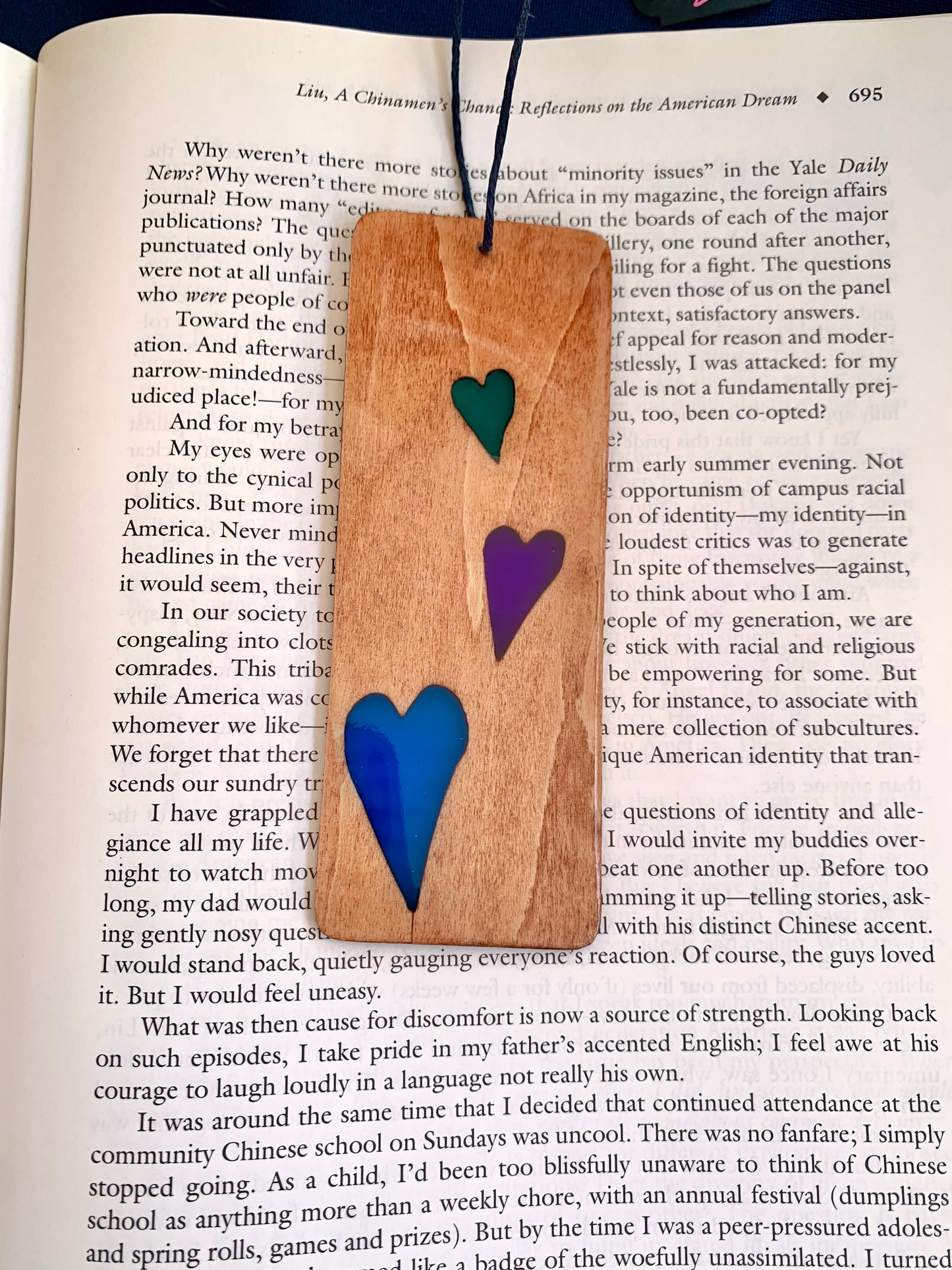 Hearts Wood & Resin Bookmark - Teak Blue