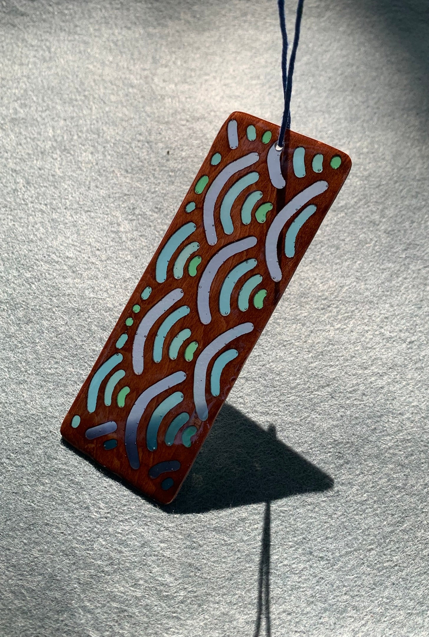 Hand-carved basswood bookmark with Japanese blue wave UV resin design