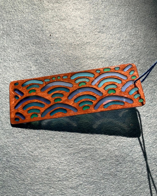 Hand-carved basswood bookmark with Japanese blue wave UV resin design
