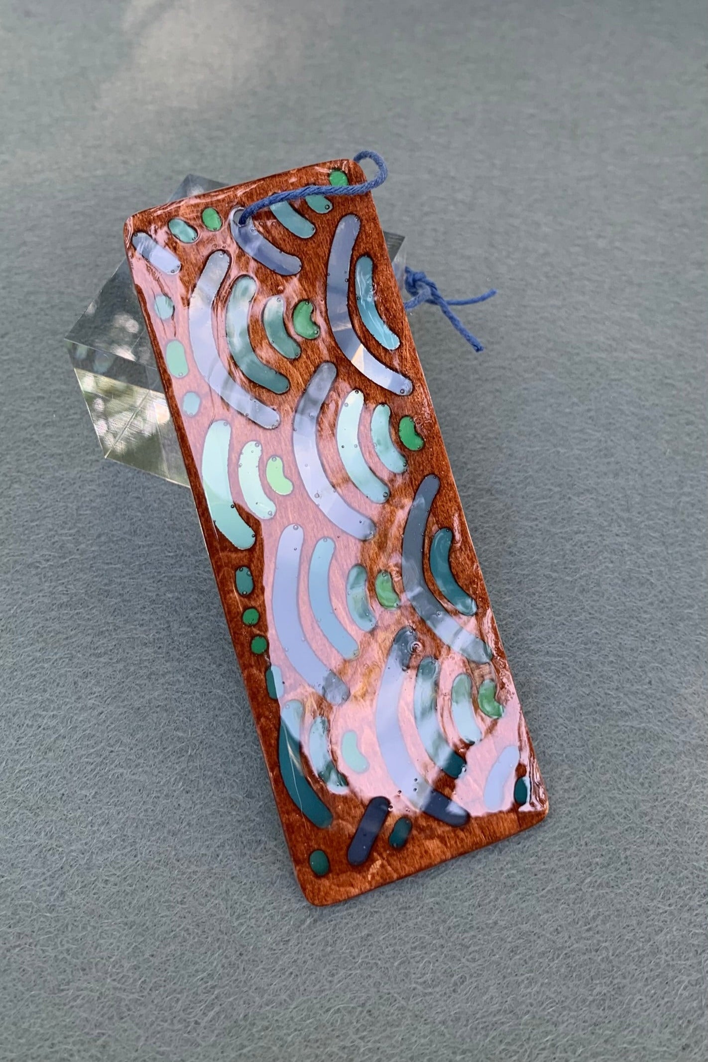Hand-carved basswood bookmark with Japanese blue wave UV resin design
