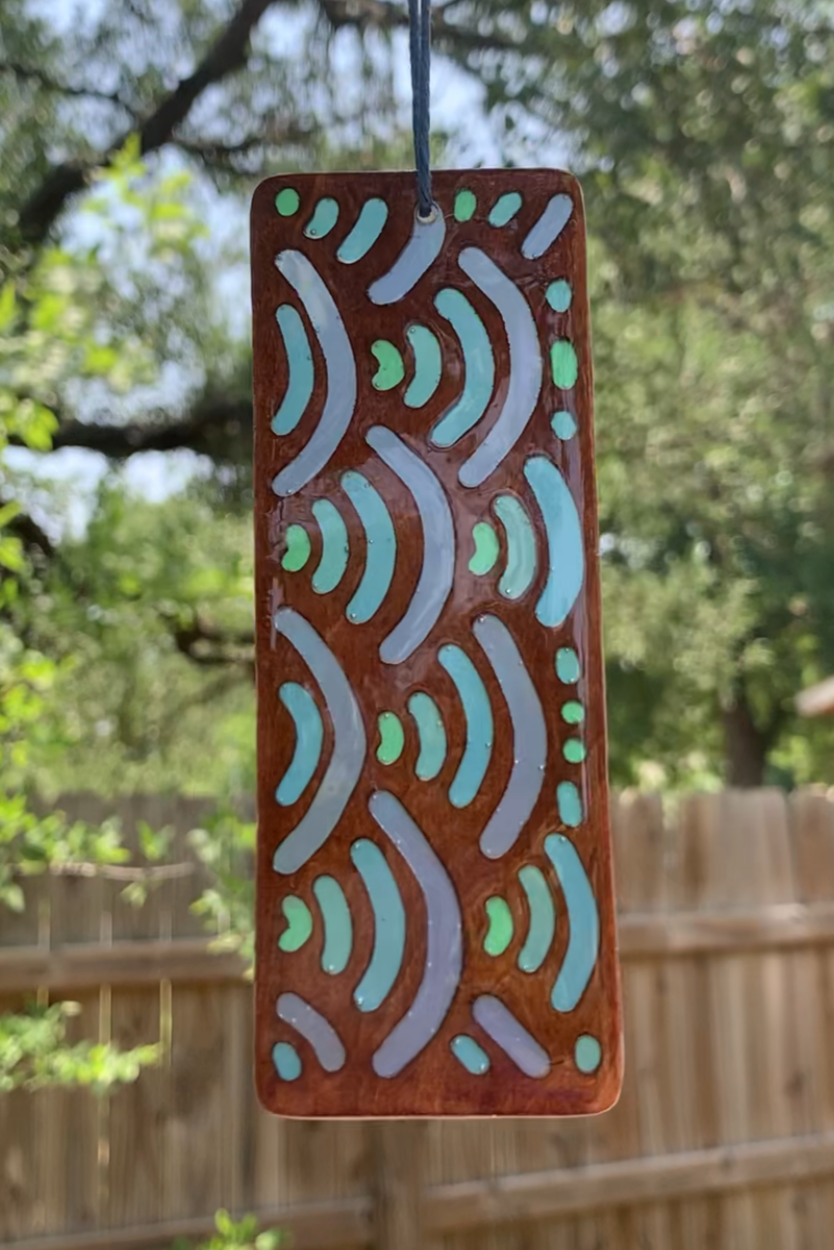 Hand-carved basswood bookmark with Japanese blue wave UV resin design