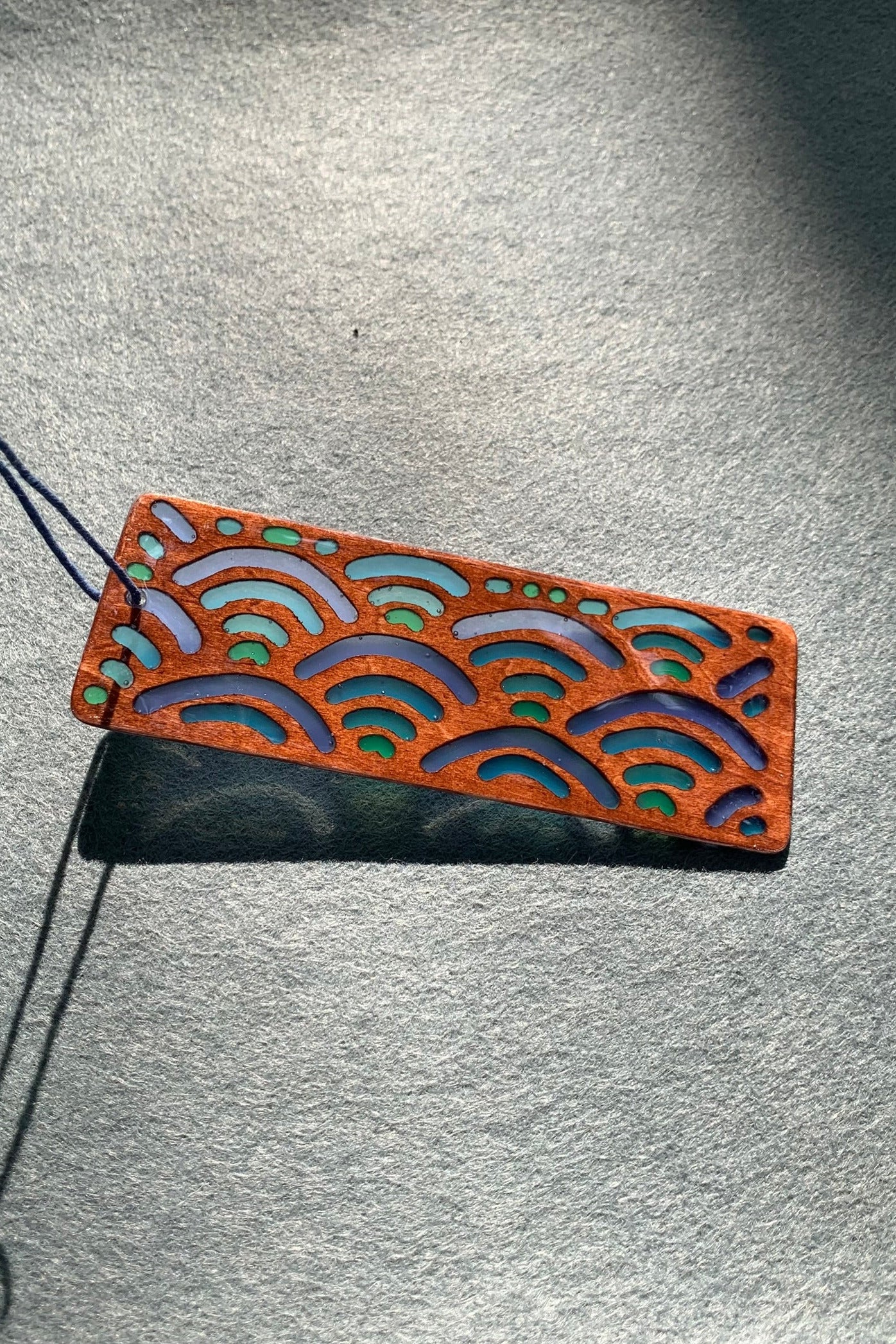 Hand-carved basswood bookmark with Japanese blue wave UV resin design