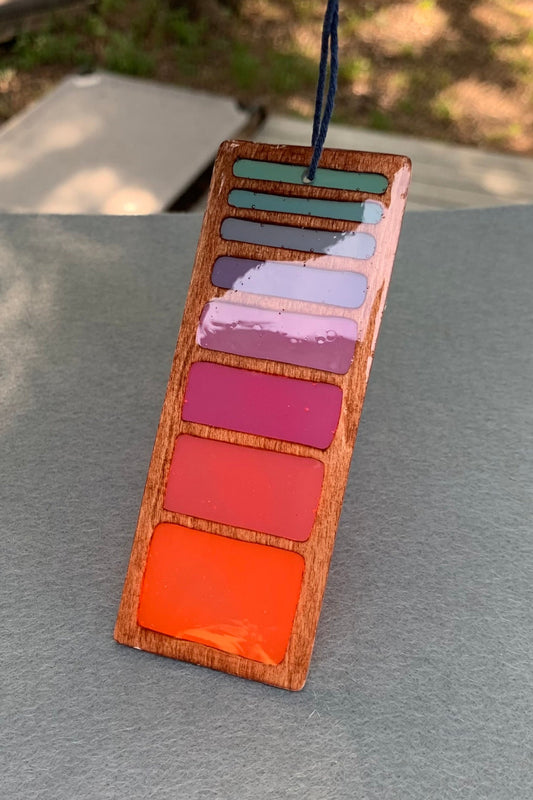 Hand cut wooden bookmark with retro line gradient colors and UV resin translucent colors