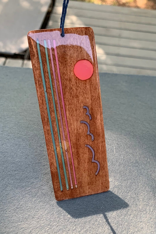 Hand cut wooden bookmark with retro ocean sunset with birds and water with UV resin color