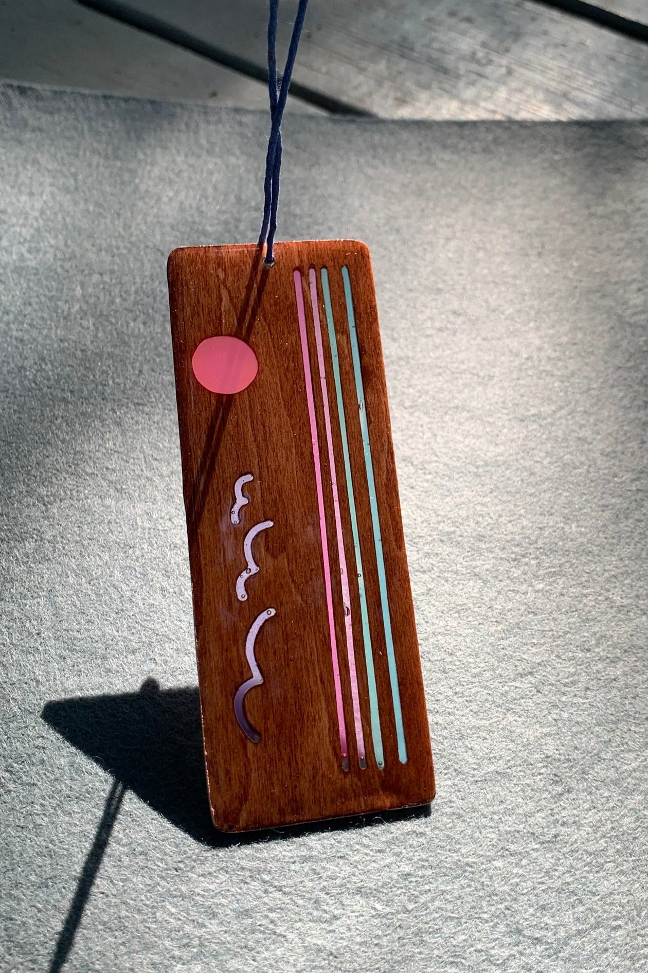 Hand cut wooden bookmark with retro ocean sunset with birds and water with UV resin translucent color