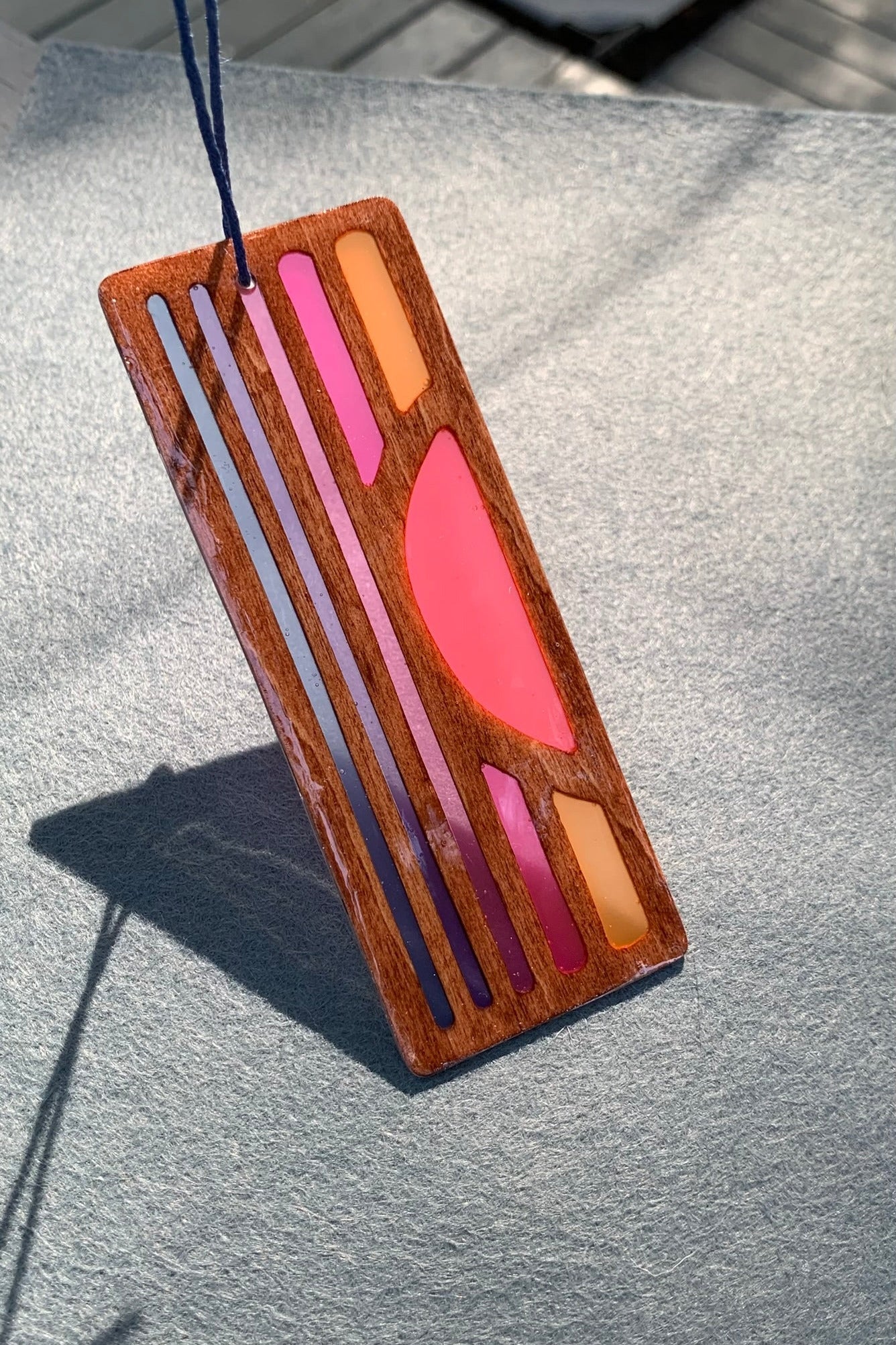 Hand cut wooden bookmark with retro sunset UV resin color