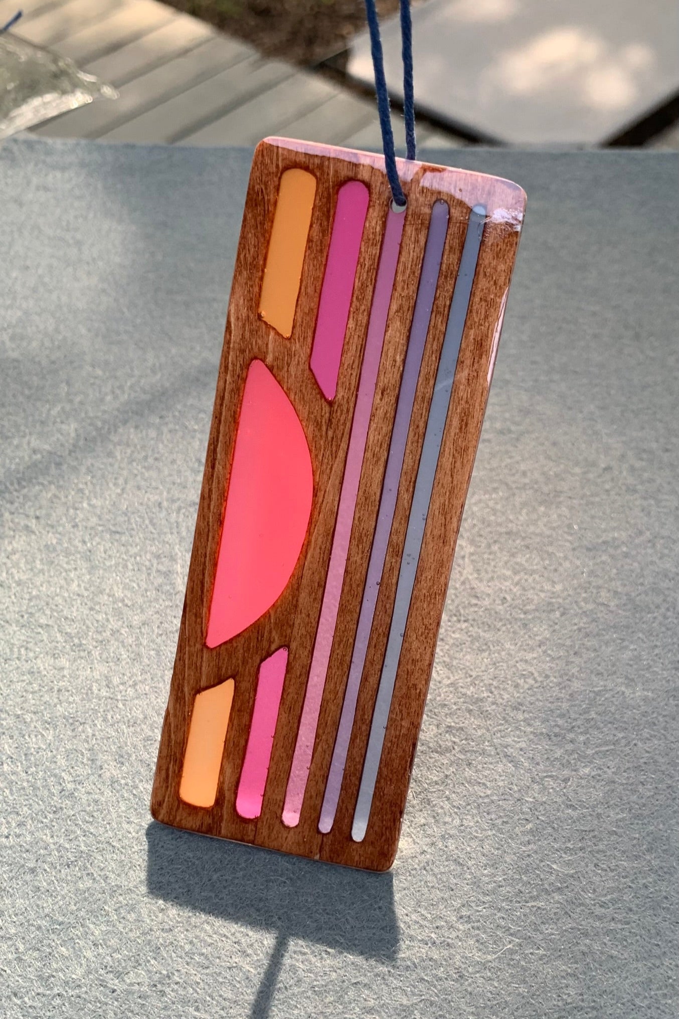Hand cut wooden bookmark with retro sunset UV resin color