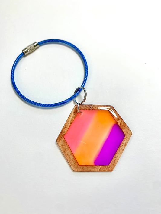 Hexagon Wood & Resin Keychain - Teak Sunset