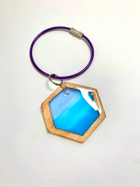 Hexagon Wood & Resin Keychain - Teak Blues