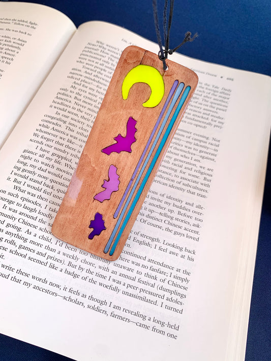 Cartoon Bat Moon Wood & Resin Bookmark - Teak