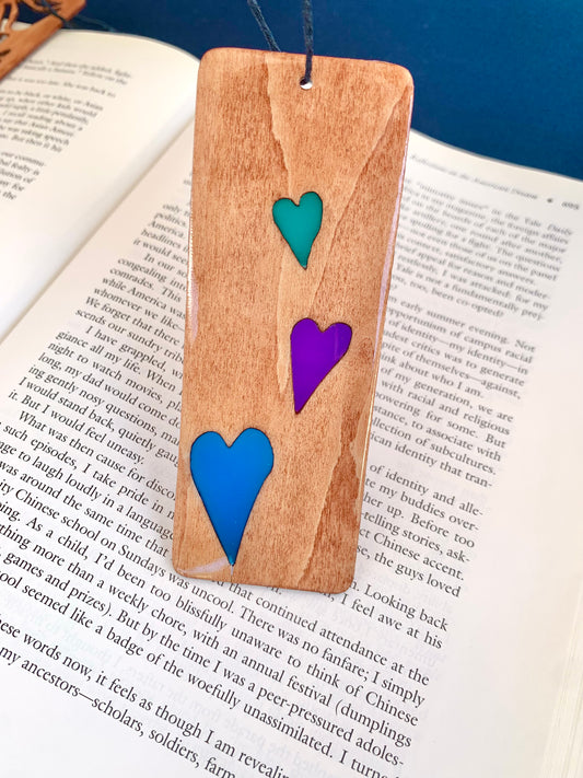 Hearts Wood & Resin Bookmark - Teak Blue