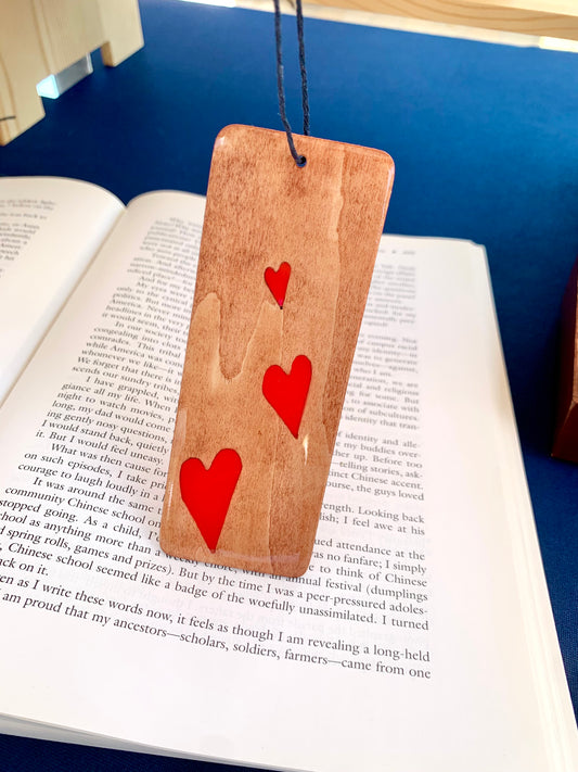 Hearts Wood & Resin Bookmark - Teak Red