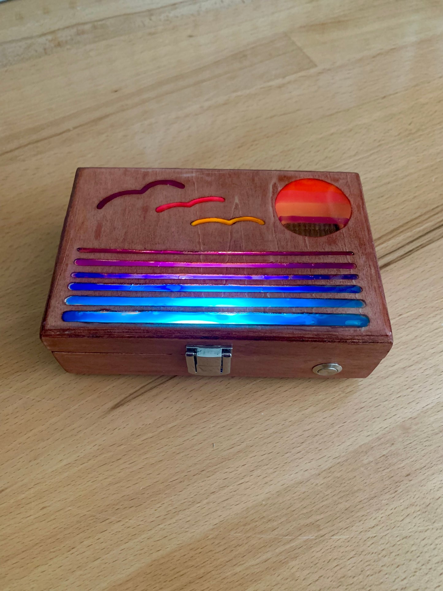 Ocean Sunset Wood & Resin Glow Light Box - Teak