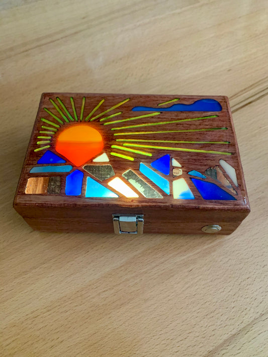 Mountain Sunrise Wood & Resin Glow Light Box - Teak