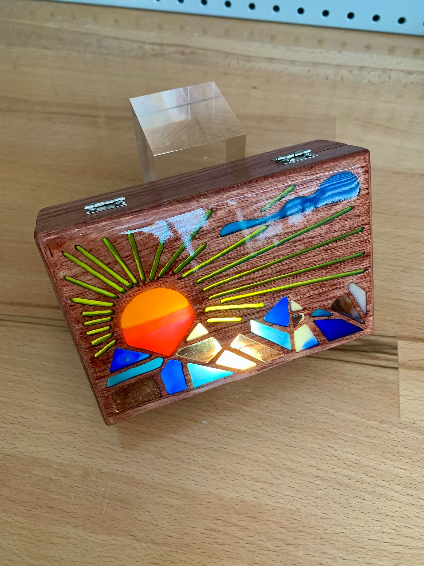 Mountain Sunrise Wood & Resin Glow Light Box - Teak