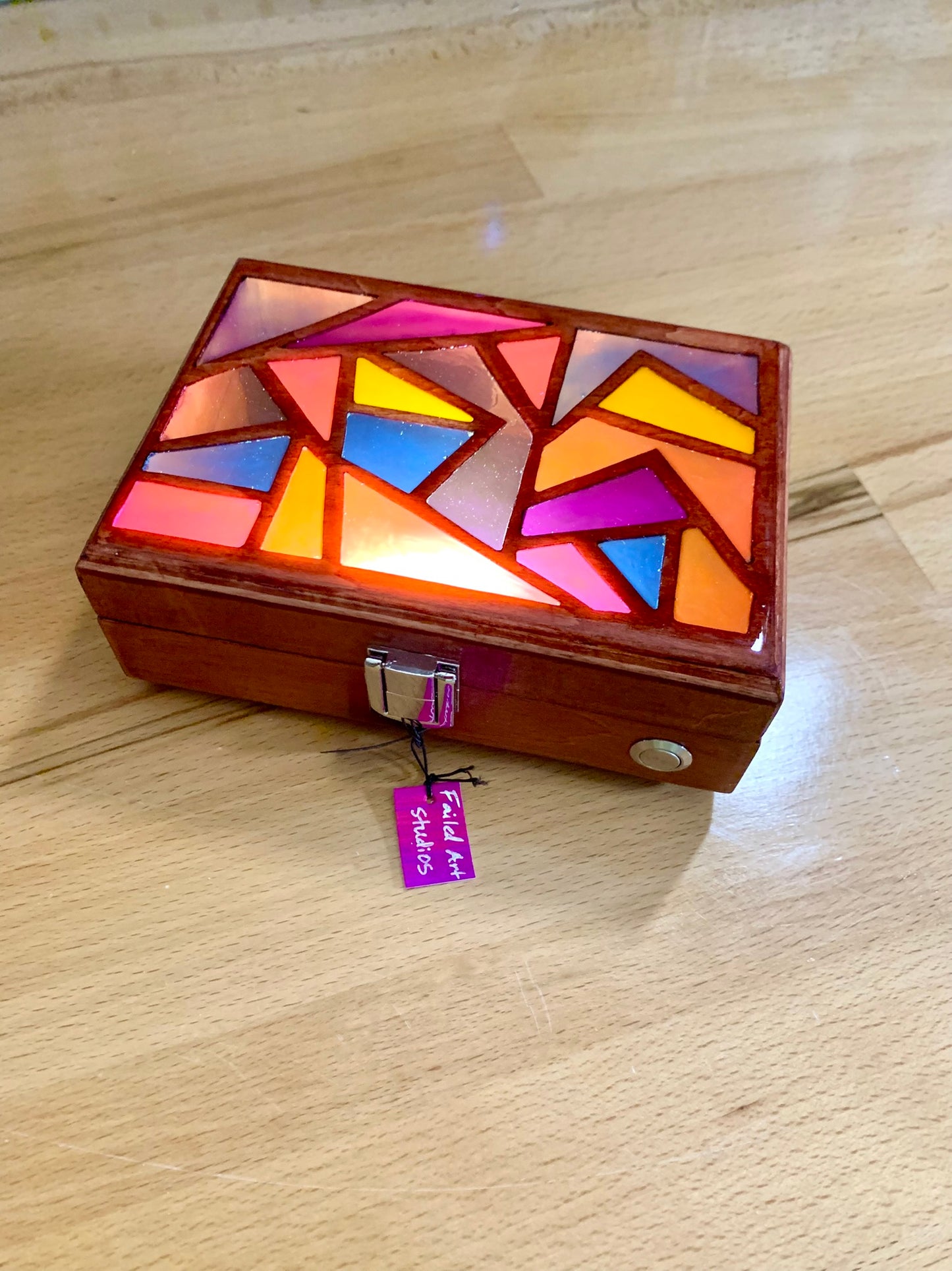 Zigzag Wood & Resin Glow Light Box - Teak Sunset