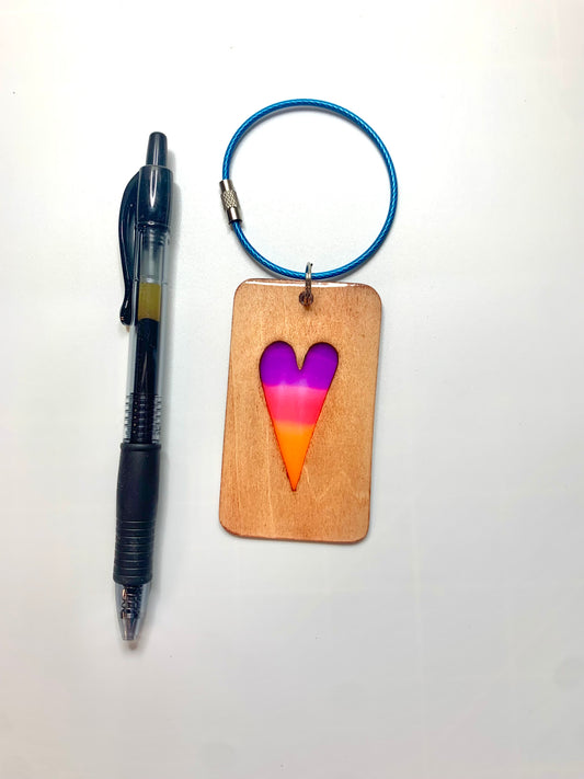 Hearts Wood & Resin Keychain - Teak Sunset