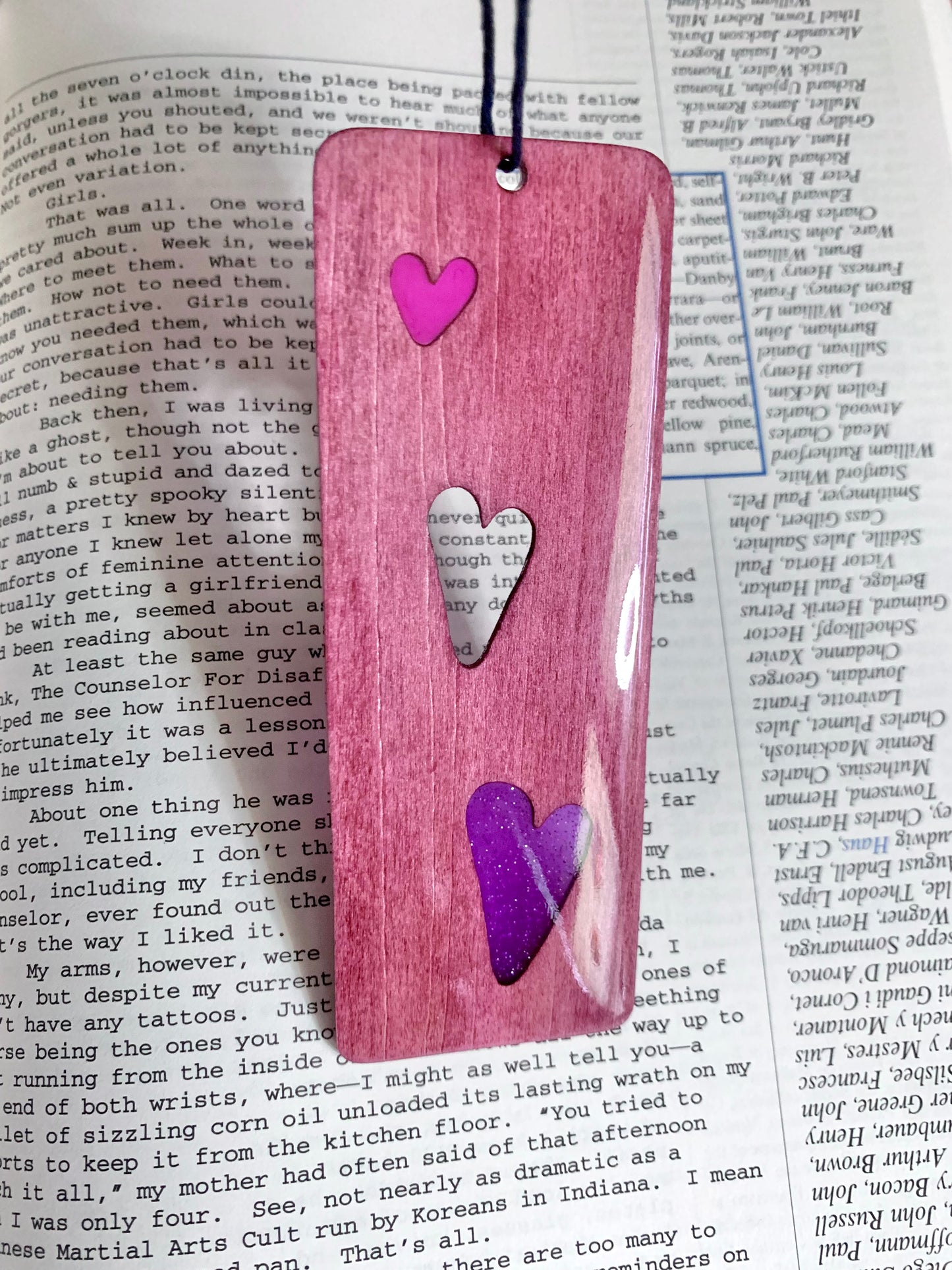 Hearts Wood & Resin Bookmark - Rosewood Sparkle