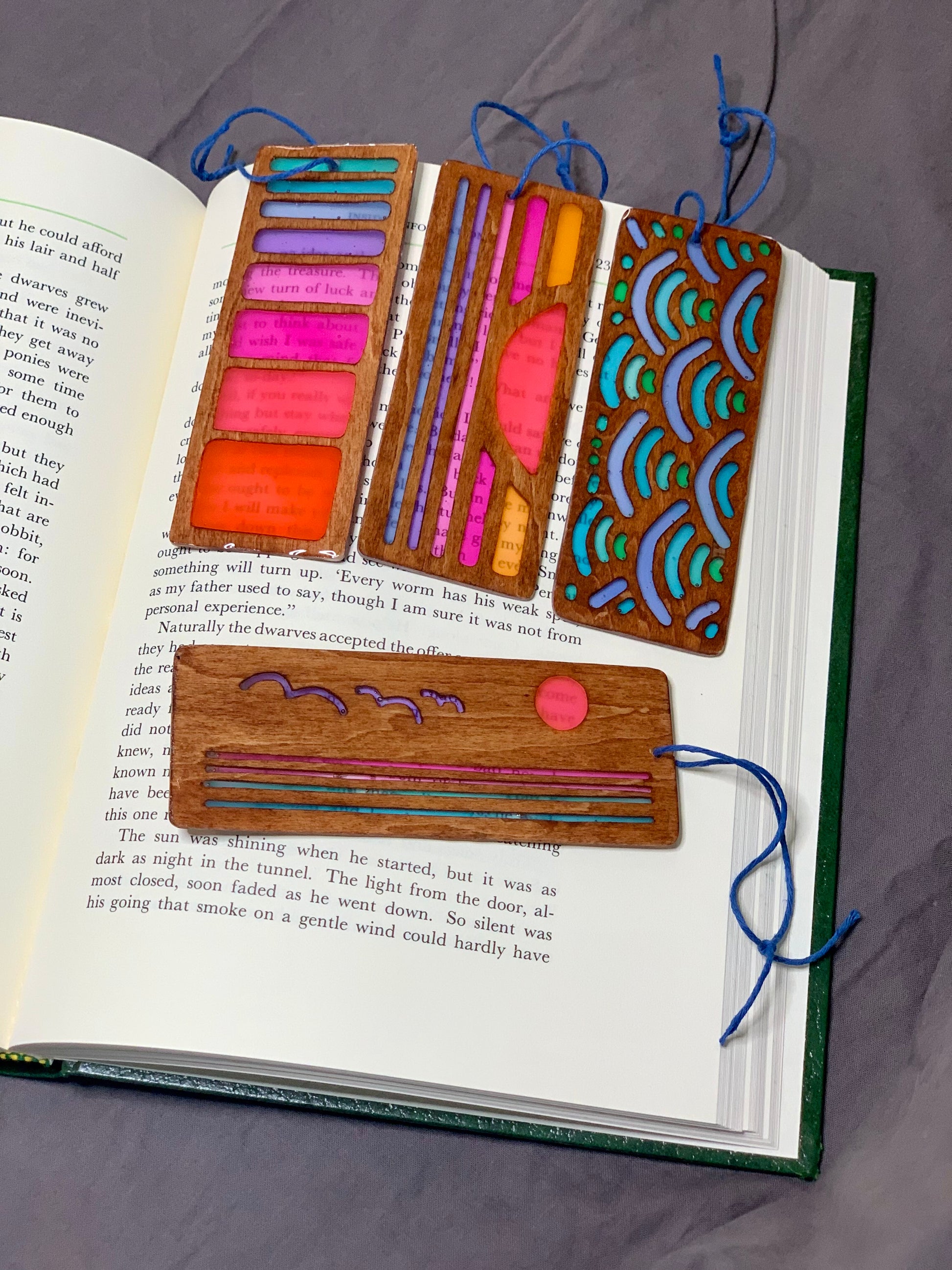 Hand cut wooden bookmarks with UV resin translucent colors